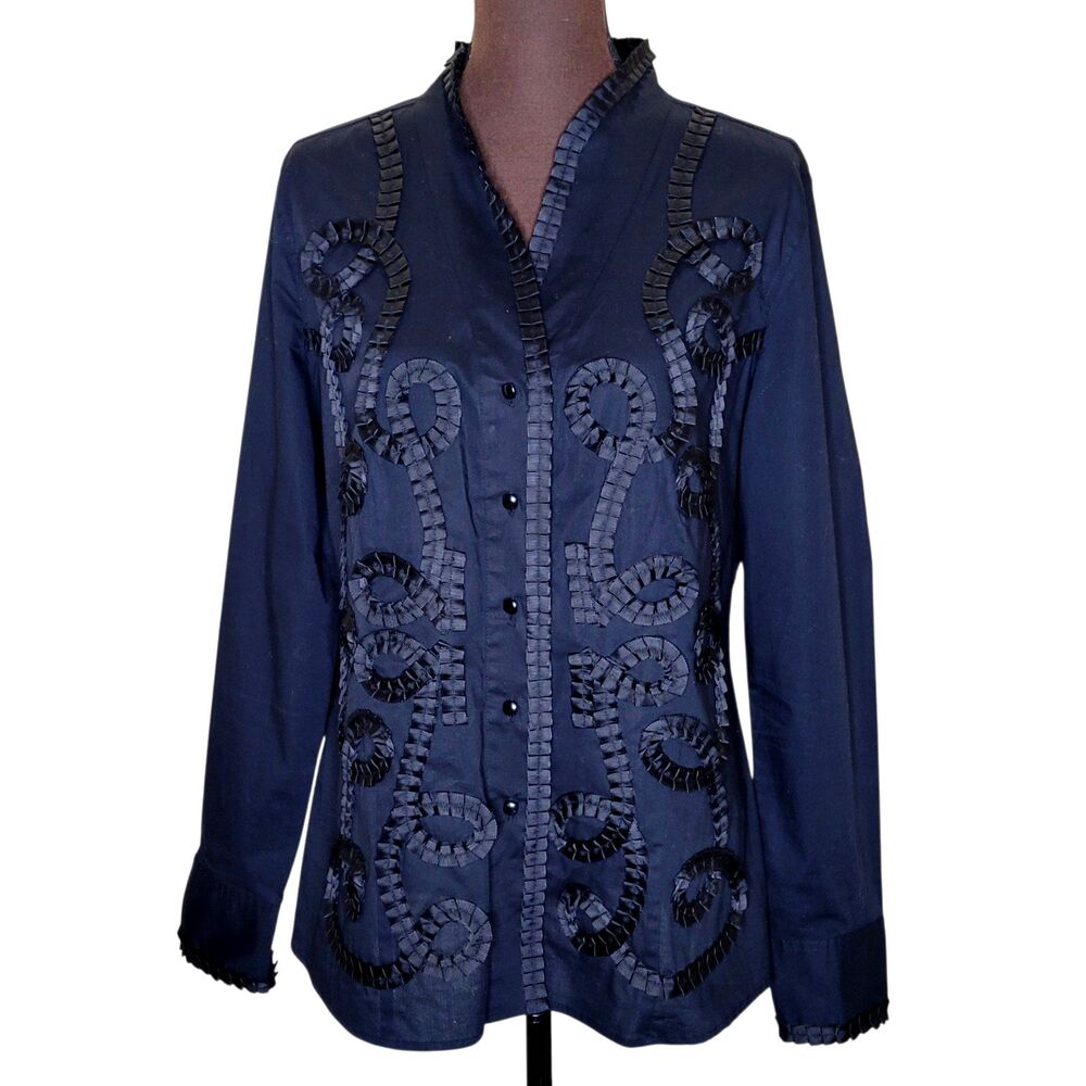 NEXX Womens Black Button Up Shirt Size L Swirl Trim Design Long Sleeves Cotton